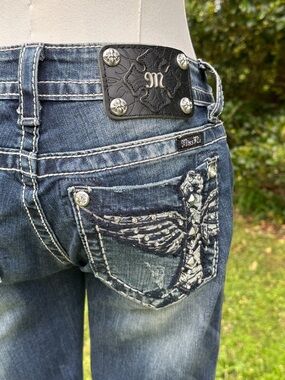 Miss Me Dark Wash Wing Embroidered Jeans - Silver Accents 25 Boot
